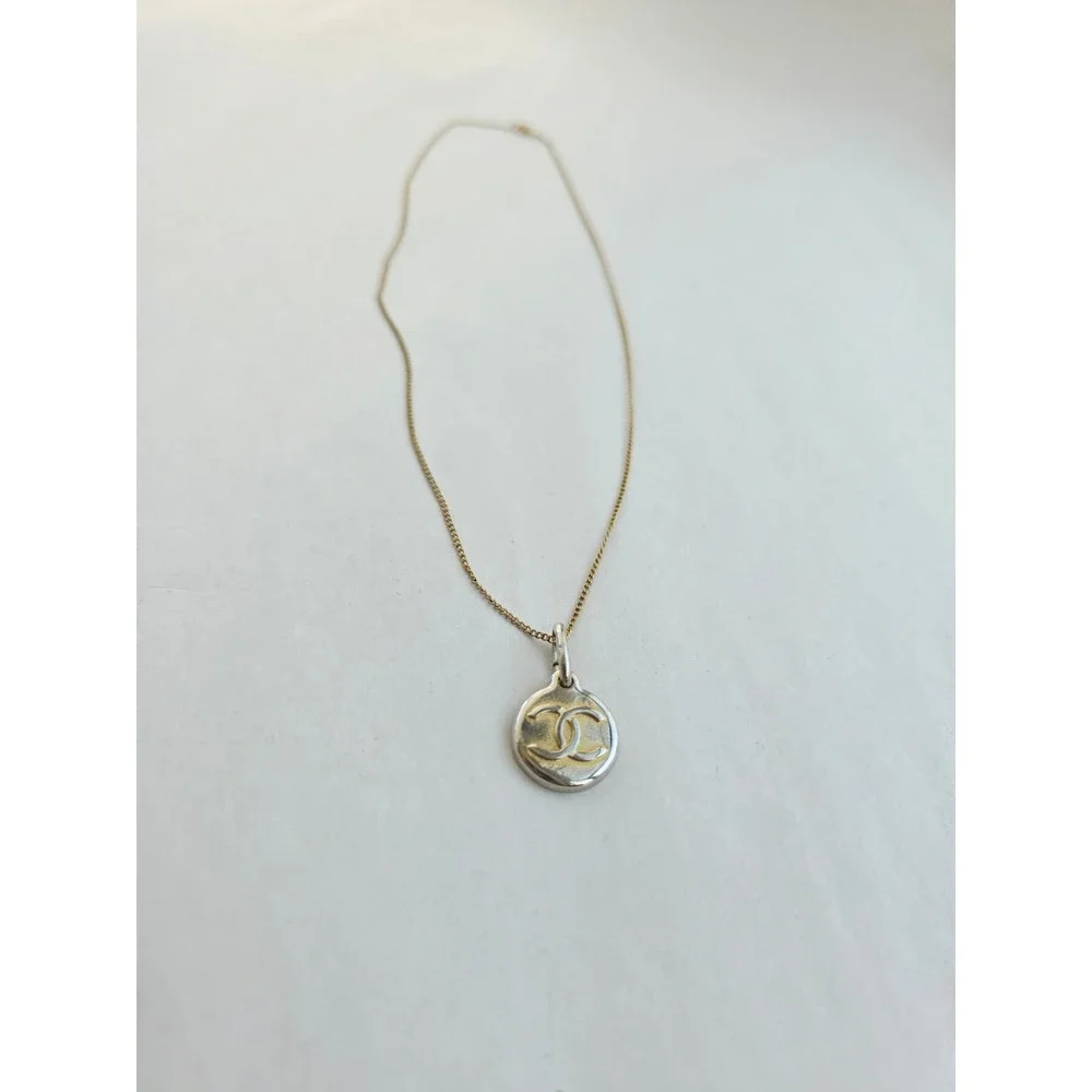 Chanel CC Logo Two Tone Pendant Necklace Gold Filled 1/20 12KT Chain
